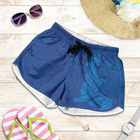 Hawaiian Monk Seal and Whale Shorts for Women Kakau Tribal Pattern Blue Color