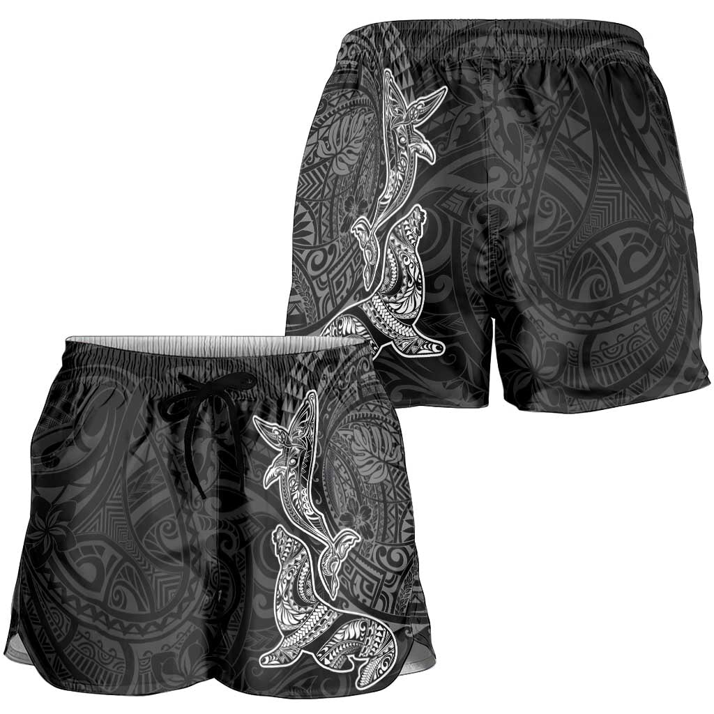 Hawaiian Monk Seal and Whale Shorts for Women Kakau Tribal Pattern Grayscale