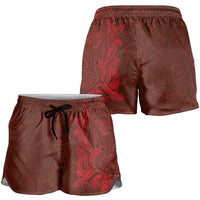 Hawaiian Monk Seal and Whale Shorts for Women Kakau Tribal Pattern Red Color