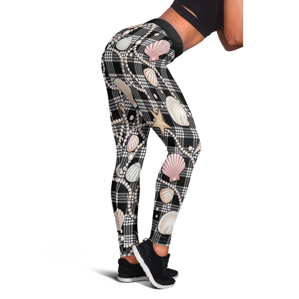 Hawaiian Ocean Seashells Leggings Black Palaka Pattern