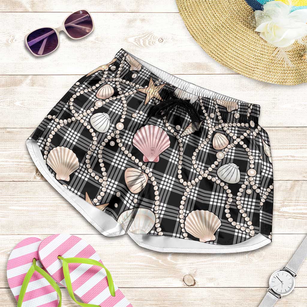 Hawaiian Ocean Seashells Shorts for Women Black Palaka Pattern