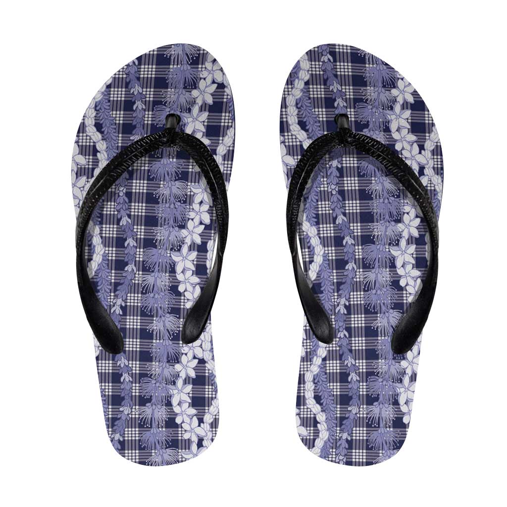 Hawaiian Ohia Lehua Lei Flip Flops Plaid Palaka Uliuli hohonu Pattern LT9 Navy - Polynesian Pride