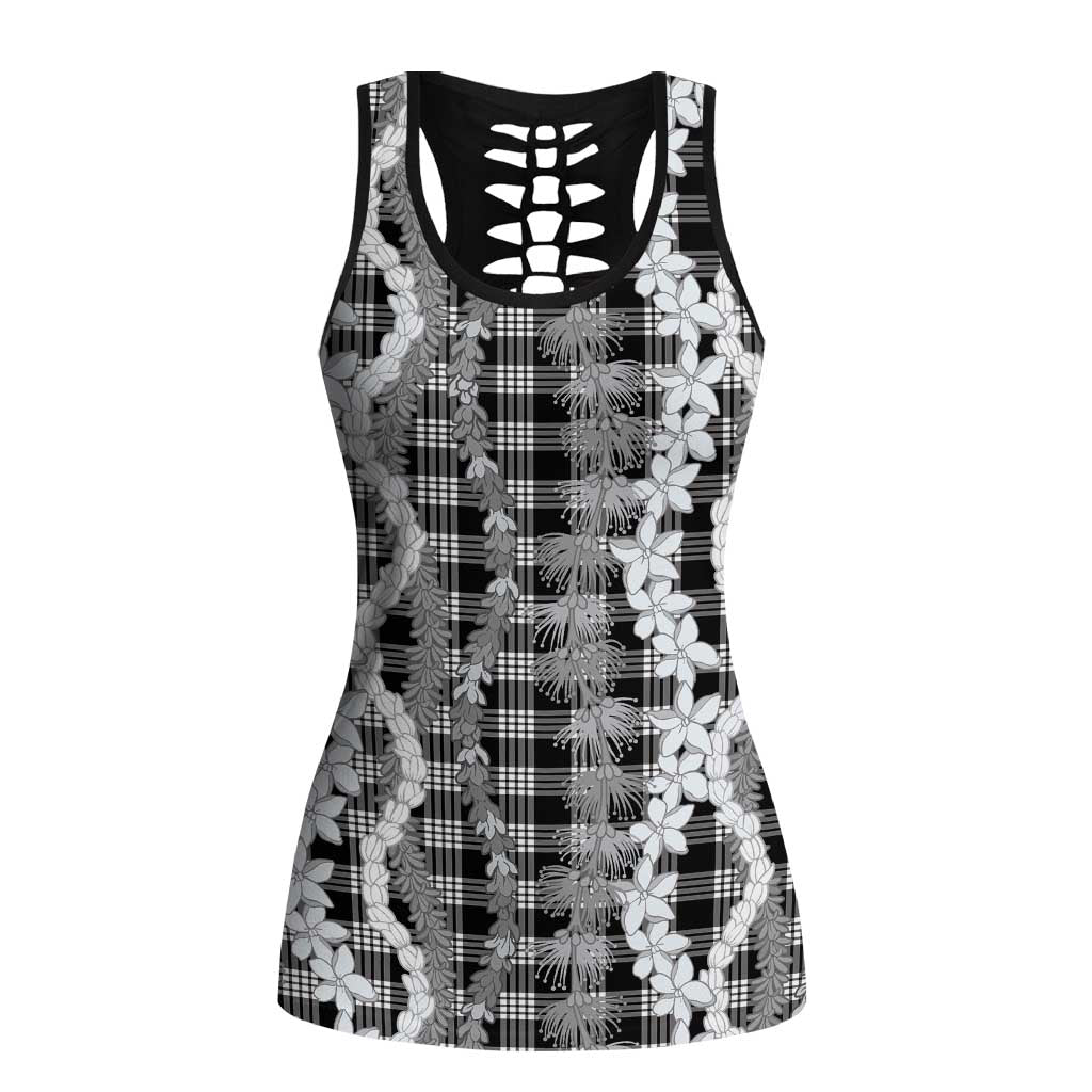 Hawaiian Ohia Lehua Lei Hollow Tank Top Plaid Palaka Eleele Pattern LT9 Female Black - Polynesian Pride
