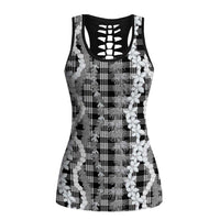 Hawaiian Ohia Lehua Lei Hollow Tank Top Plaid Palaka Eleele Pattern LT9 Female Black - Polynesian Pride