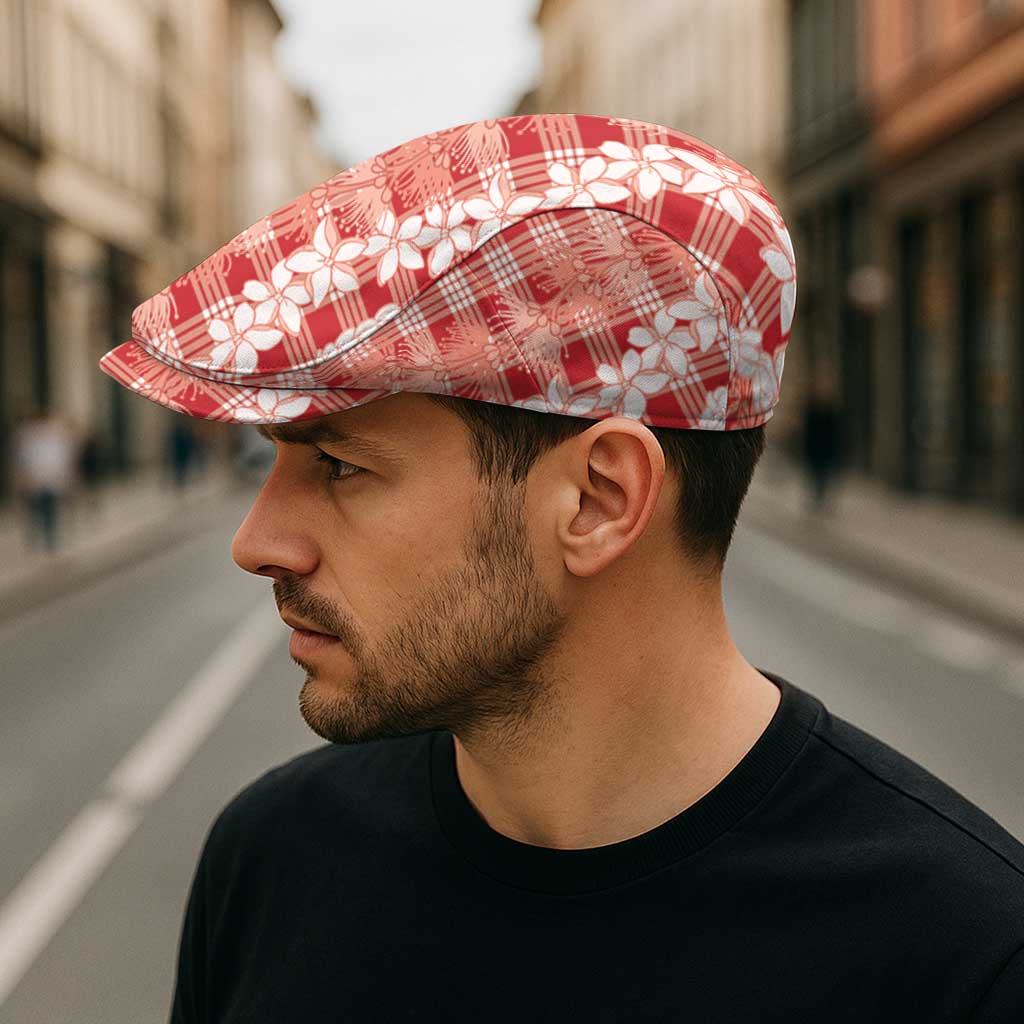 Hawaiian Ohia Lehua Lei Jeff Hat Plaid Palaka Ulaula Pattern - Polynesian Pride