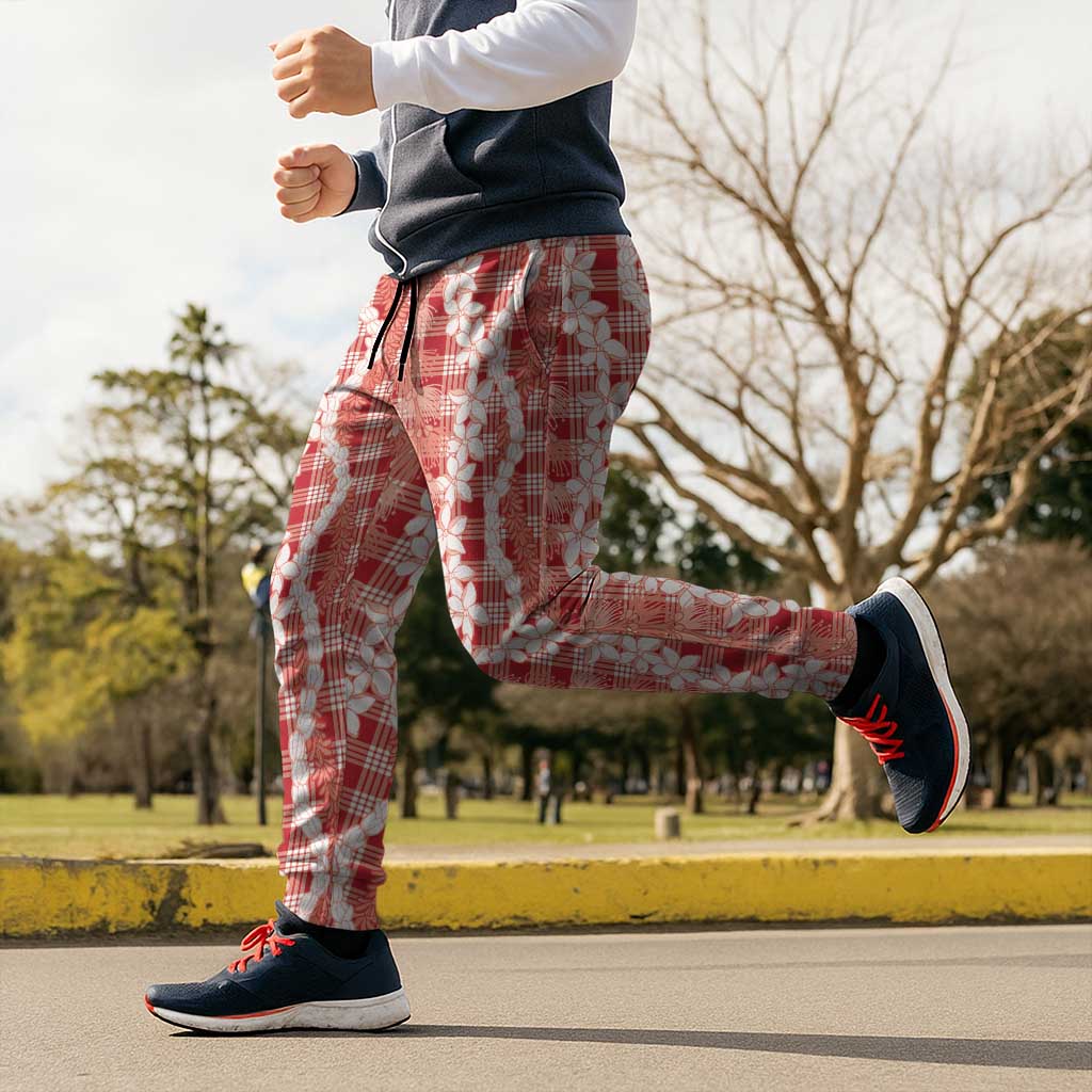 Hawaiian Ohia Lehua Lei Jogger Pants Plaid Palaka Ulaula Pattern - Polynesian Pride