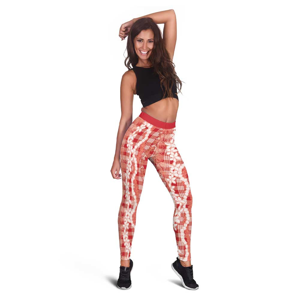 Hawaiian Ohia Lehua Lei Leggings Plaid Palaka Ulaula Pattern LT9 - Polynesian Pride