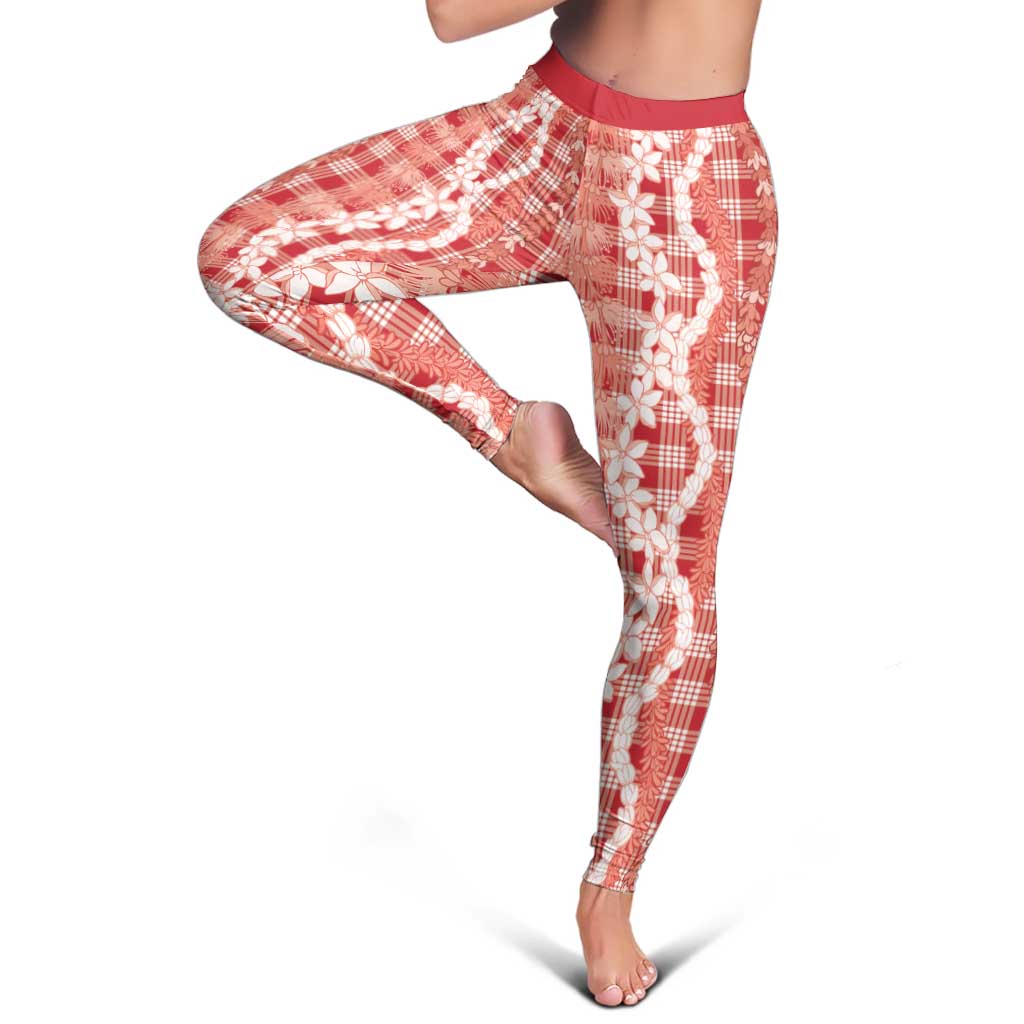 Hawaiian Ohia Lehua Lei Leggings Plaid Palaka Ulaula Pattern LT9 - Polynesian Pride