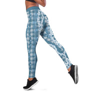 Hawaiian Ohia Lehua Lei Leggings Plaid Palaka Uliuli Omaomao Pattern LT9 Teal - Polynesian Pride