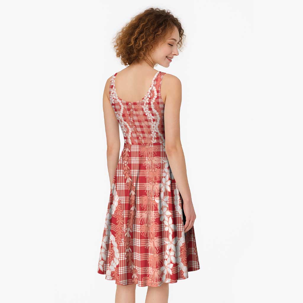 Hawaiian Ohia Lehua Lei Midi Dress Plaid Palaka Ulaula Pattern - Polynesian Pride
