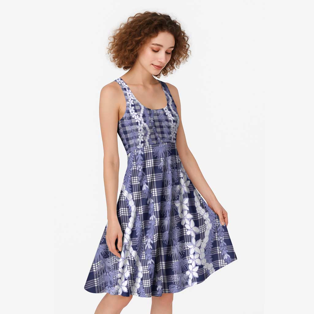 Hawaiian Ohia Lehua Lei Midi Dress Plaid Palaka Uliuli hohonu Pattern - Polynesian Pride