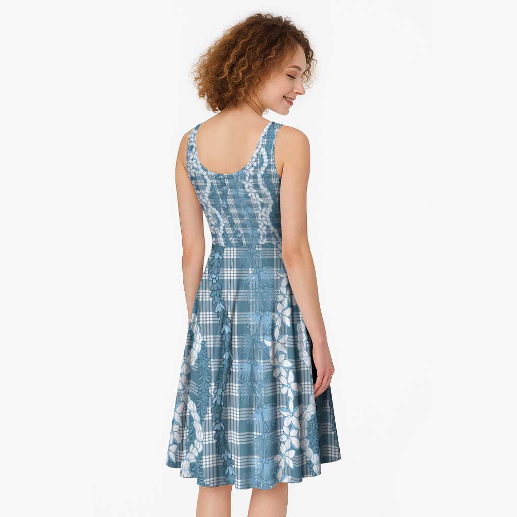 Hawaiian Ohia Lehua Lei Midi Dress Plaid Palaka Uliuli Omaomao Pattern - Polynesian Pride