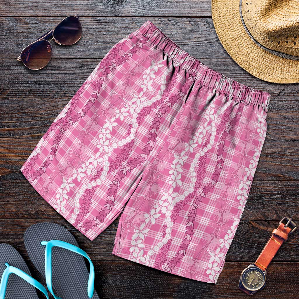 Hawaiian Ohia Lehua Lei Shorts for Men Plaid Palaka Akala Pattern LT9 Pink - Polynesian Pride