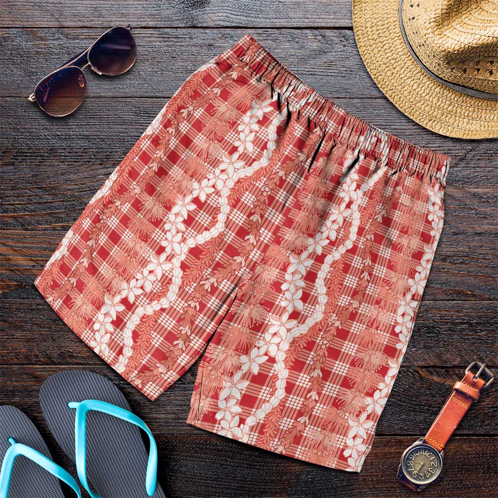 Hawaiian Ohia Lehua Lei Shorts for Men Plaid Palaka Ulaula Pattern - Polynesian Pride