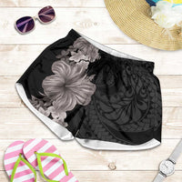 Hawaiian Plumeria and Hibiscus Shorts for Women Grayscale Mode LT03 Black - Polynesian Pride