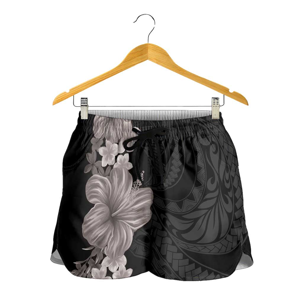 Hawaiian Plumeria and Hibiscus Shorts for Women Grayscale Mode LT03 - Polynesian Pride