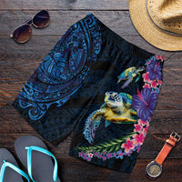 Hawaiian Plumeria and Hibiscus with Turtles Shorts for Men Polynesian Art Dark Cyan Color LT03 Dark Cyan - Polynesian Pride