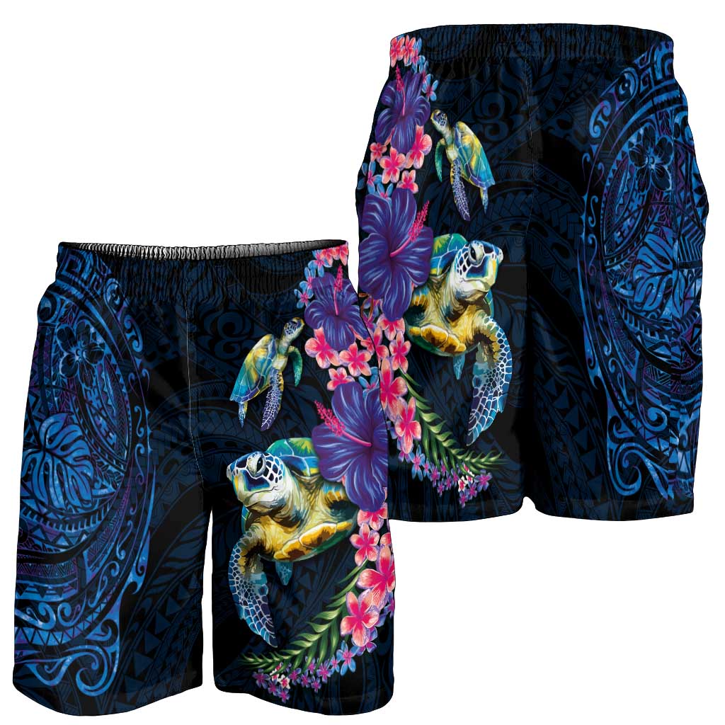 Hawaiian Plumeria and Hibiscus with Turtles Shorts for Men Polynesian Art Dark Cyan Color LT03 - Polynesian Pride