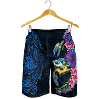 Hawaiian Plumeria and Hibiscus with Turtles Shorts for Men Polynesian Art Dark Cyan Color LT03 - Polynesian Pride