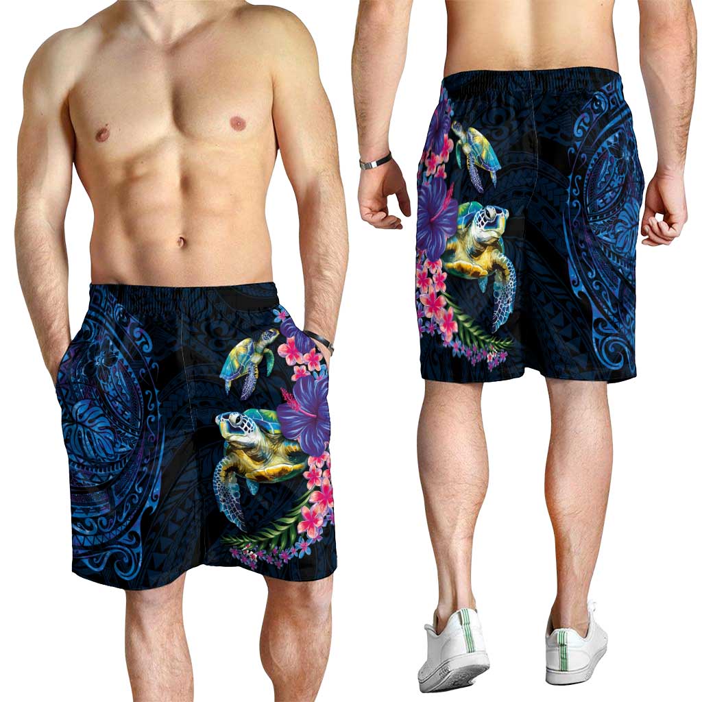 Hawaiian Plumeria and Hibiscus with Turtles Shorts for Men Polynesian Art Dark Cyan Color LT03 - Polynesian Pride