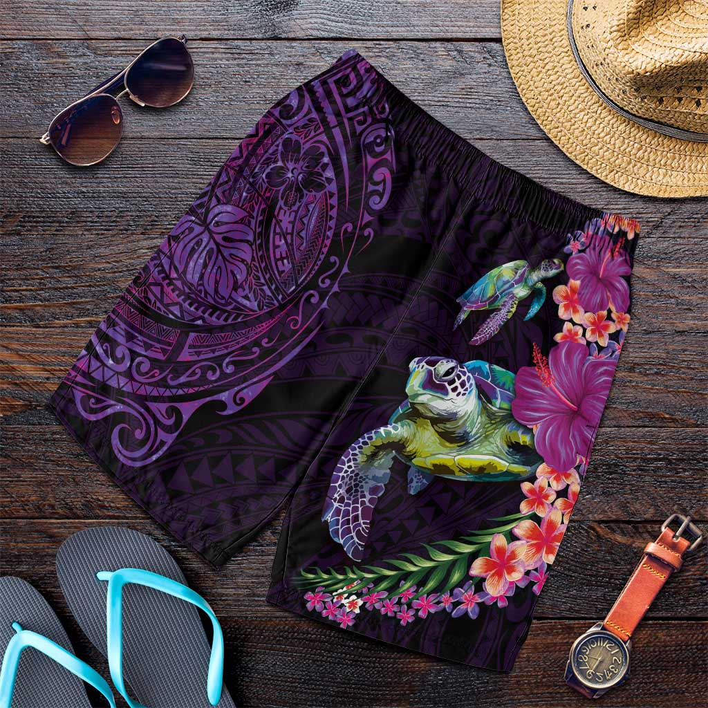 Hawaiian Plumeria and Hibiscus with Turtles Shorts for Men Polynesian Art Purple Color LT03 Purple - Polynesian Pride