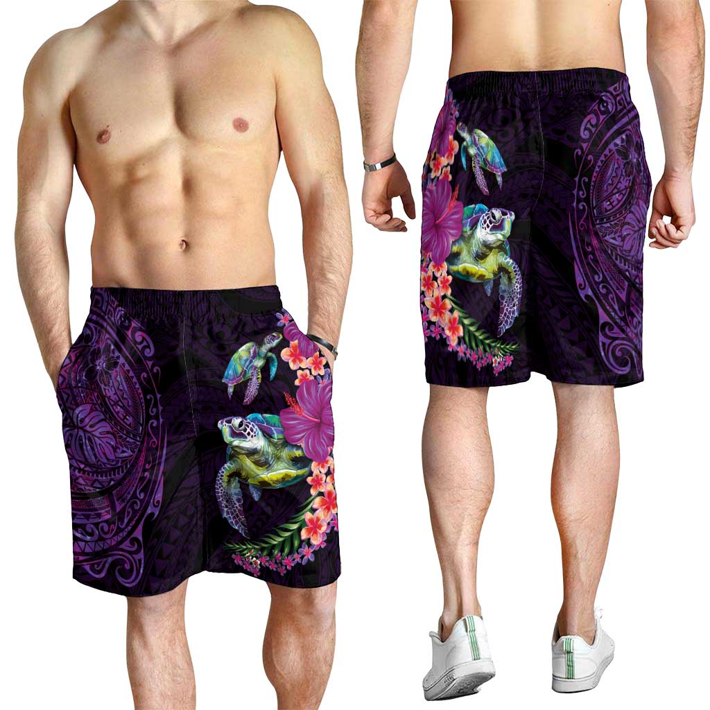 Hawaiian Plumeria and Hibiscus with Turtles Shorts for Men Polynesian Art Purple Color LT03 - Polynesian Pride