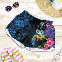 Hawaiian Plumeria and Hibiscus with Turtles Shorts for Women Polynesian Art Dark Cyan Color LT03 Dark Cyan - Polynesian Pride