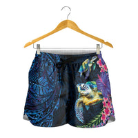 Hawaiian Plumeria and Hibiscus with Turtles Shorts for Women Polynesian Art Dark Cyan Color LT03 - Polynesian Pride