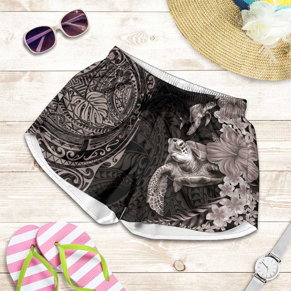 Hawaiian Plumeria and Hibiscus with Turtles Shorts for Women Polynesian Art Grayscale LT03 Black - Polynesian Pride