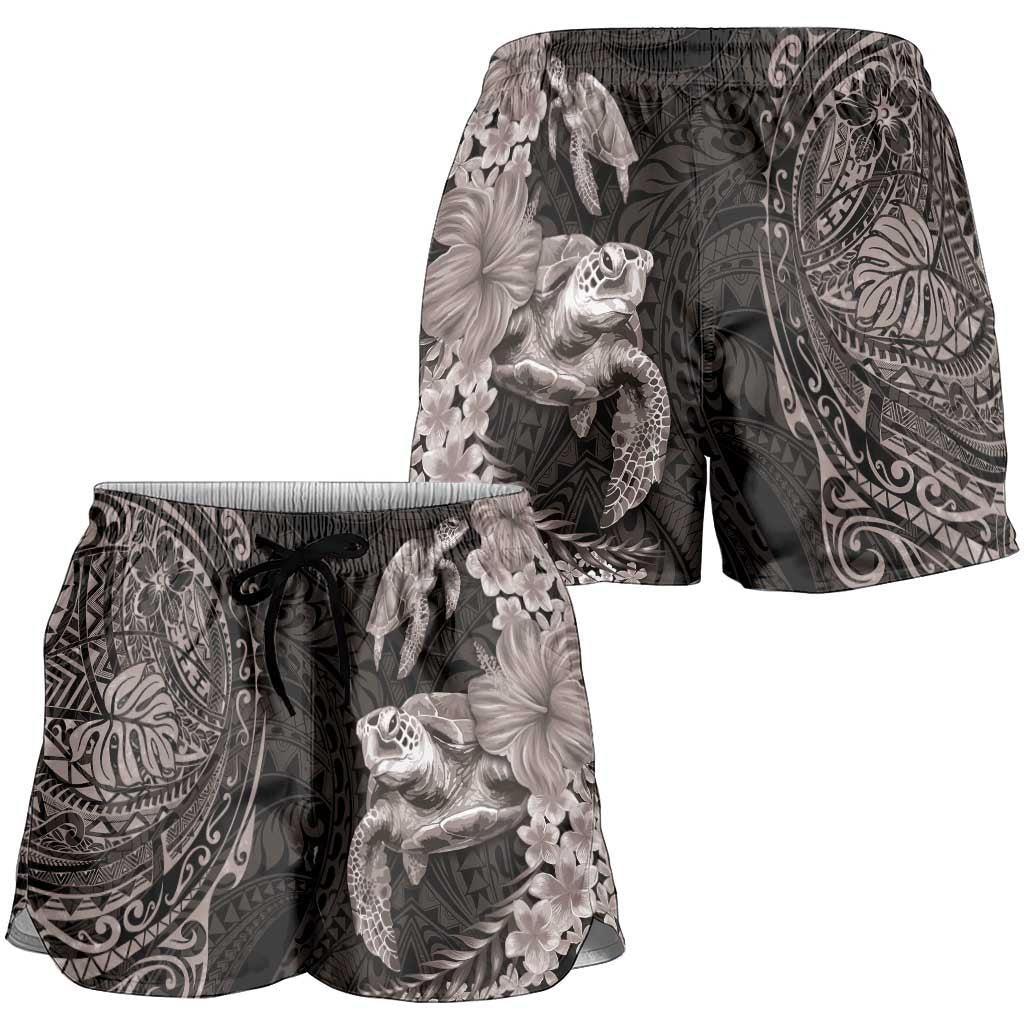 Hawaiian Plumeria and Hibiscus with Turtles Shorts for Women Polynesian Art Grayscale LT03 - Polynesian Pride