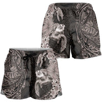 Hawaiian Plumeria and Hibiscus with Turtles Shorts for Women Polynesian Art Grayscale LT03 - Polynesian Pride