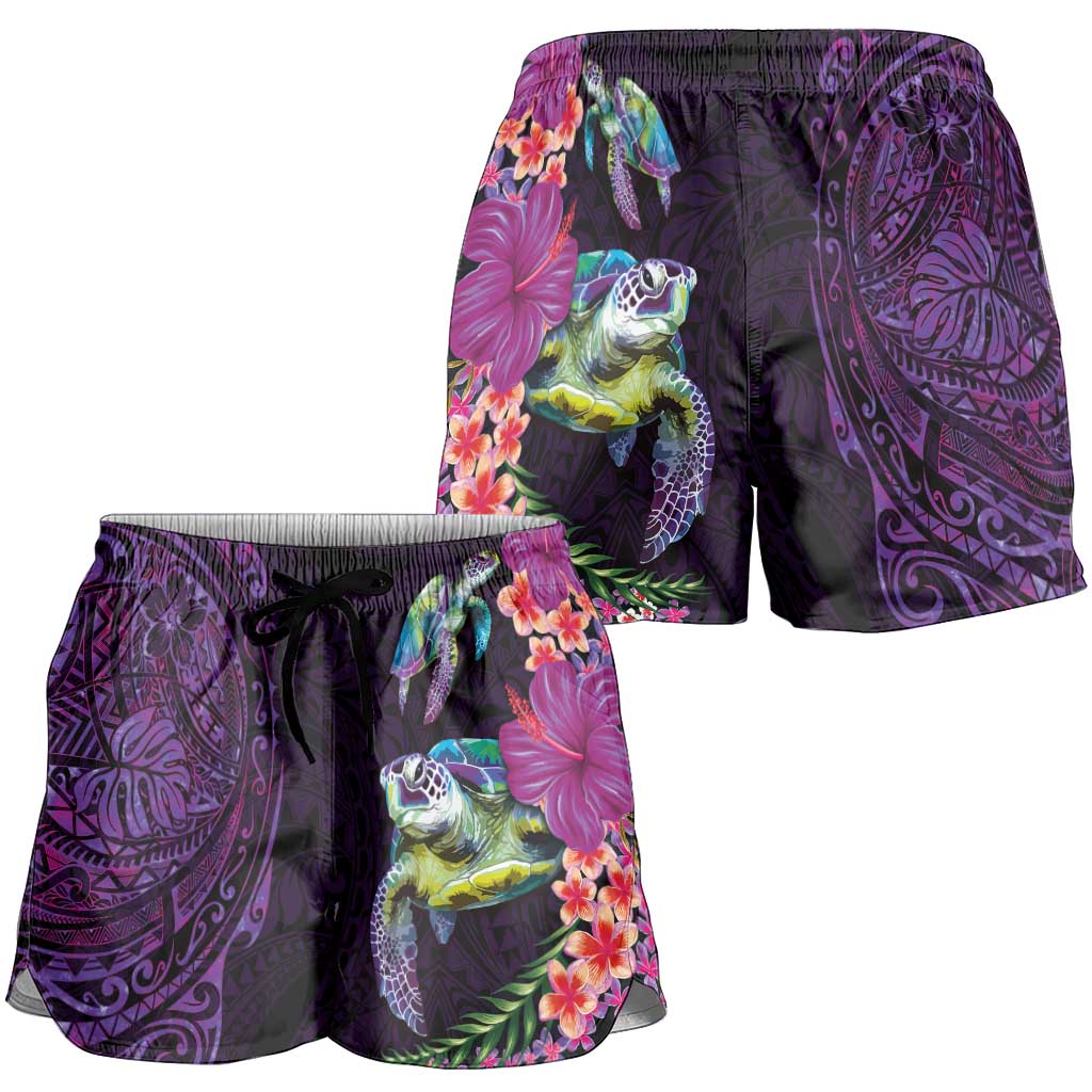 Hawaiian Plumeria and Hibiscus with Turtles Shorts for Women Polynesian Art Purple Color LT03 - Polynesian Pride