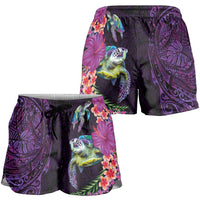Hawaiian Plumeria and Hibiscus with Turtles Shorts for Women Polynesian Art Purple Color LT03 - Polynesian Pride