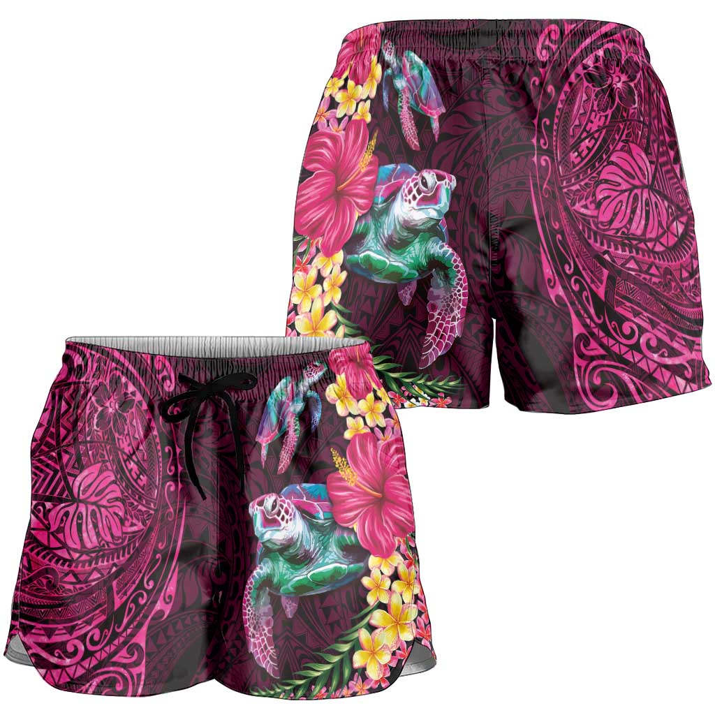 Hawaiian Plumeria and Hibiscus with Turtles Shorts for Women Polynesian Art Red Color LT03 - Polynesian Pride