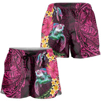 Hawaiian Plumeria and Hibiscus with Turtles Shorts for Women Polynesian Art Red Color LT03 - Polynesian Pride