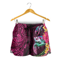 Hawaiian Plumeria and Hibiscus with Turtles Shorts for Women Polynesian Art Red Color LT03 - Polynesian Pride