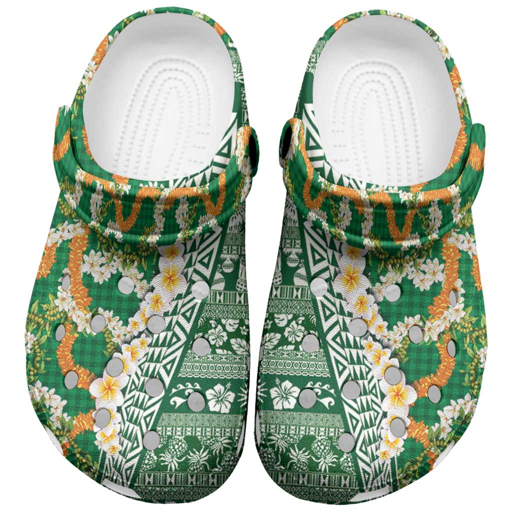 Hawaiian Plumeria Lei Clogs Shoes Kakau Motifs and Palaka Half Style Green Color LT03 Green - Polynesian Pride