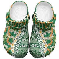 Hawaiian Plumeria Lei Clogs Shoes Kakau Motifs and Palaka Half Style Green Color LT03 Green - Polynesian Pride