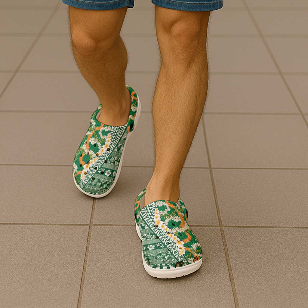 Hawaiian Plumeria Lei Clogs Shoes Kakau Motifs and Palaka Half Style Green Color LT03 - Polynesian Pride