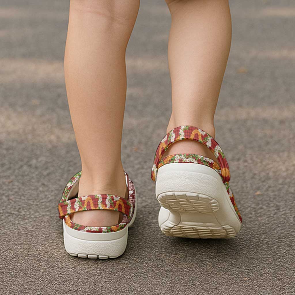 Hawaiian Plumeria Lei Clogs Shoes Kakau Motifs and Palaka Half Style Red Color LT03