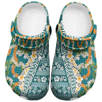 Hawaiian Plumeria Lei Clogs Shoes Kakau Motifs and Palaka Half Style Turquoise Color LT03 Turquoise - Polynesian Pride