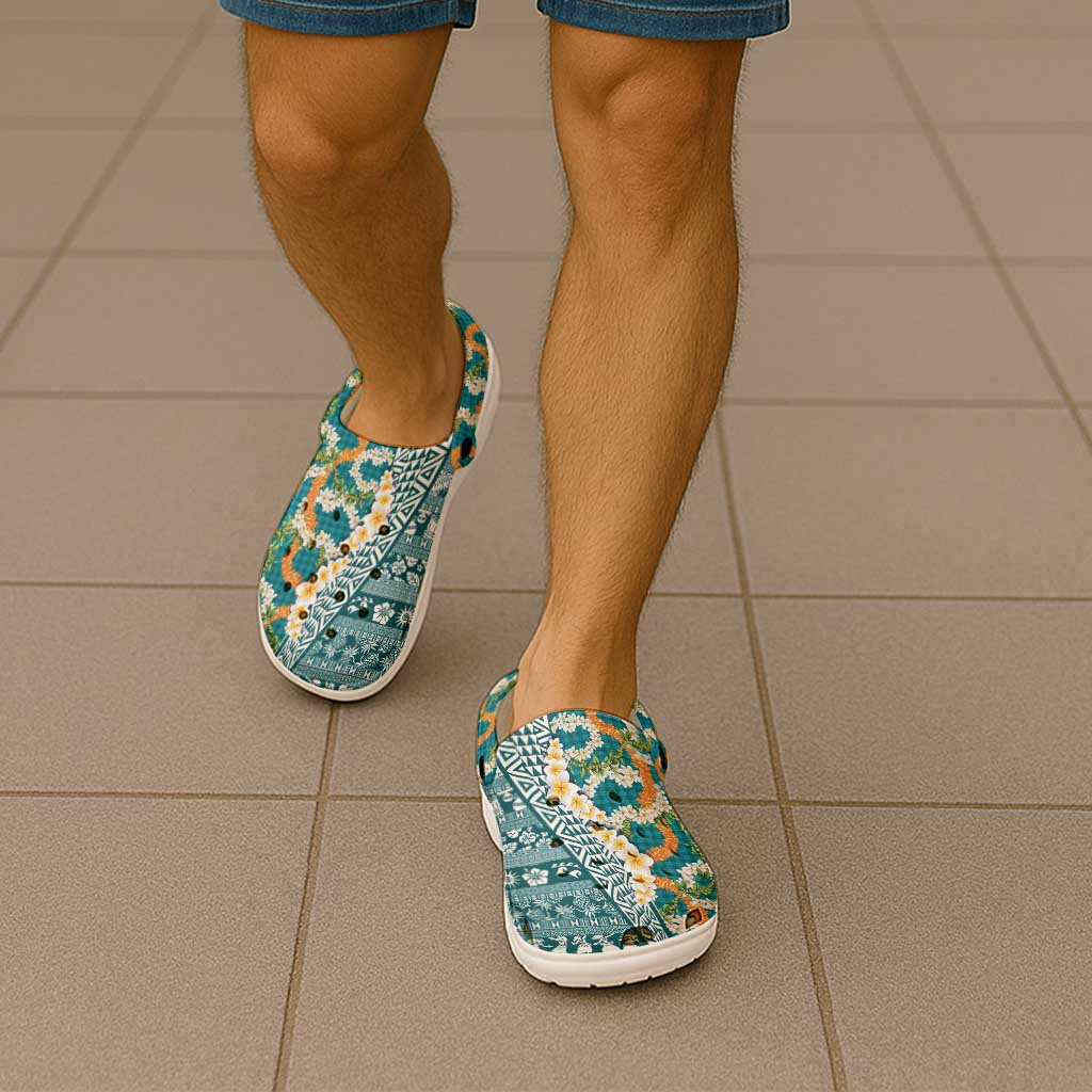 Hawaiian Plumeria Lei Clogs Shoes Kakau Motifs and Palaka Half Style Turquoise Color LT03 - Polynesian Pride