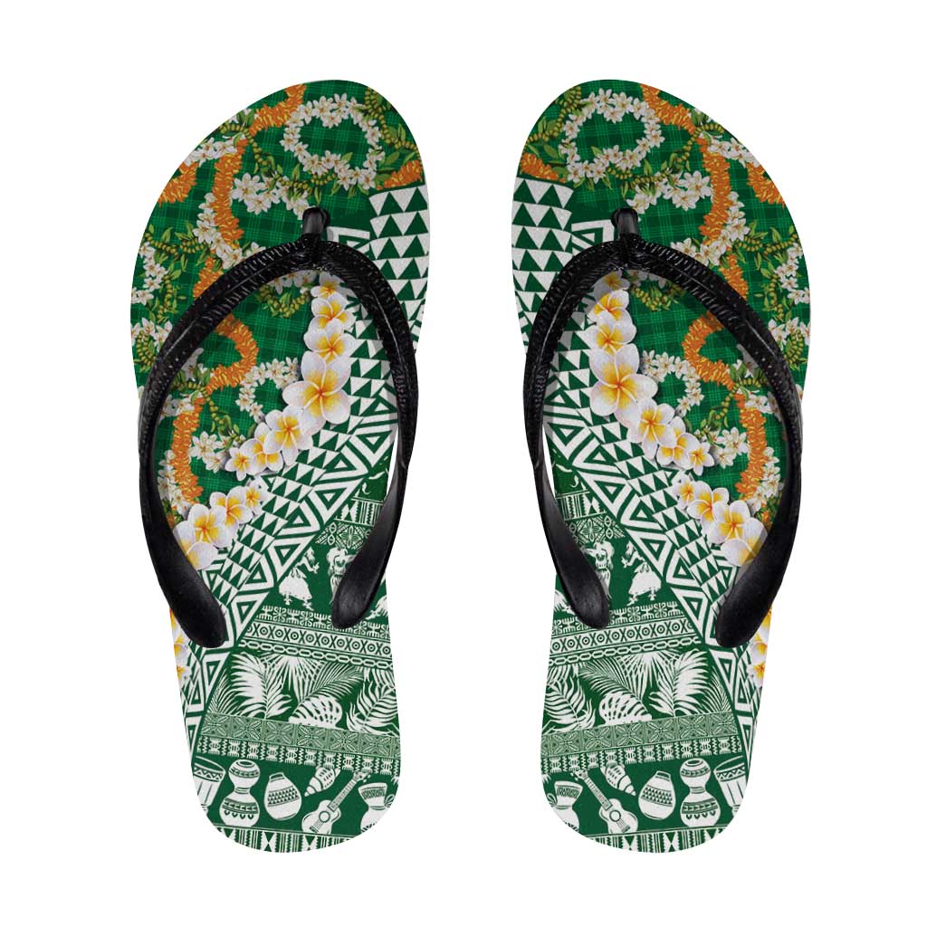 Hawaiian Plumeria Lei Flip Flops Kakau Motifs and Palaka Half Style Green Color LT03 Green - Polynesian Pride