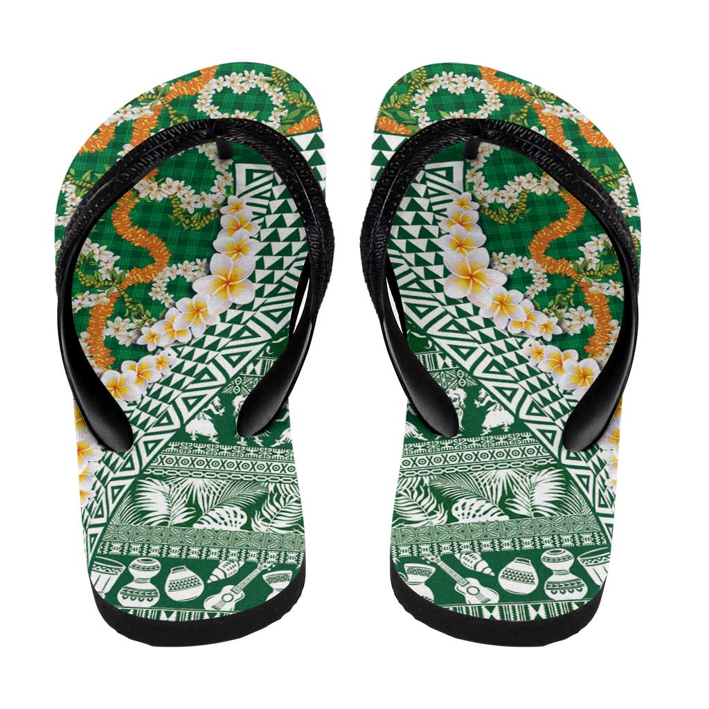 Hawaiian Plumeria Lei Flip Flops Kakau Motifs and Palaka Half Style Green Color LT03 - Polynesian Pride