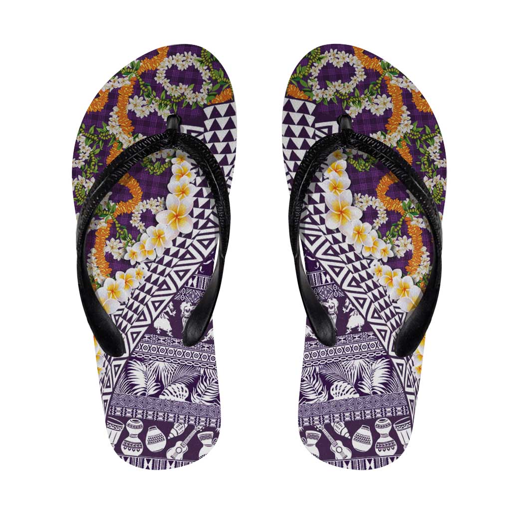 Hawaiian Plumeria Lei Flip Flops Kakau Motifs and Palaka Half Style Purple Color LT03 Purple - Polynesian Pride