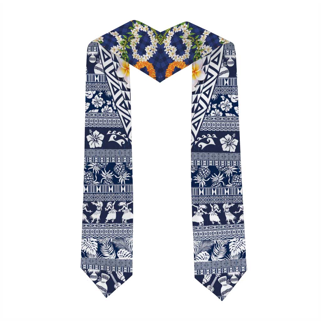 Hawaiian Plumeria Lei Graduation Stole Kakau Motifs and Palaka Half Style Blue Color