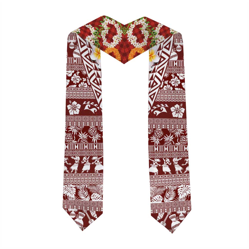 Hawaiian Plumeria Lei Graduation Stole Kakau Motifs and Palaka Half Style Red Color