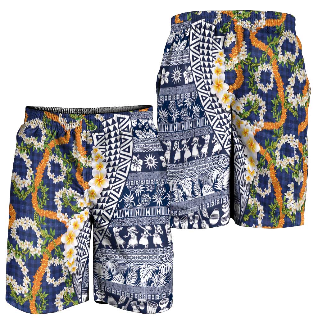 Hawaiian Plumeria Lei Shorts for Men Kakau Motifs and Palaka Half Style Blue Color LT03 - Polynesian Pride