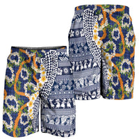 Hawaiian Plumeria Lei Shorts for Men Kakau Motifs and Palaka Half Style Blue Color LT03 - Polynesian Pride