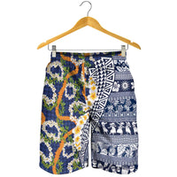Hawaiian Plumeria Lei Shorts for Men Kakau Motifs and Palaka Half Style Blue Color LT03 - Polynesian Pride
